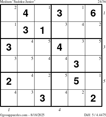 The grouppuzzles.com Medium Sudoku-Junior puzzle for Monday August 18, 2025 with all 5 steps marked