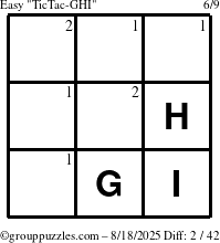The grouppuzzles.com Easy TicTac-GHI puzzle for Monday August 18, 2025 with the first 2 steps marked