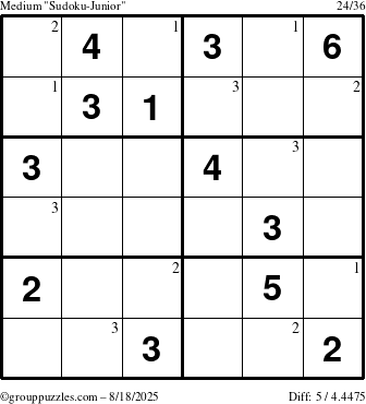 The grouppuzzles.com Medium Sudoku-Junior puzzle for Monday August 18, 2025 with the first 3 steps marked