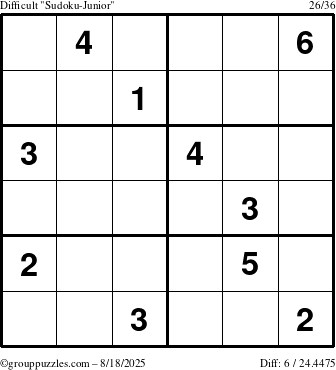 The grouppuzzles.com Difficult Sudoku-Junior puzzle for Monday August 18, 2025