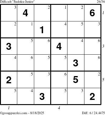 The grouppuzzles.com Difficult Sudoku-Junior puzzle for Monday August 18, 2025 with all 6 steps marked