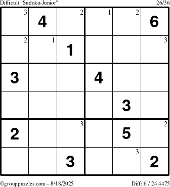 The grouppuzzles.com Difficult Sudoku-Junior puzzle for Monday August 18, 2025 with the first 3 steps marked