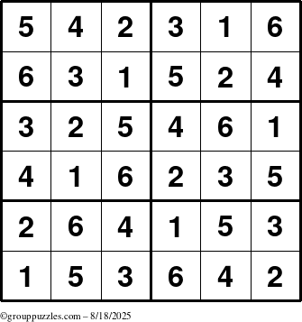 The grouppuzzles.com Answer grid for the Sudoku-Junior puzzle for Monday August 18, 2025