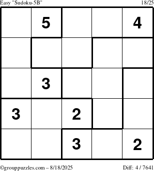 The grouppuzzles.com Easy Sudoku-5B puzzle for Monday August 18, 2025