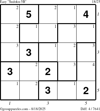 The grouppuzzles.com Easy Sudoku-5B puzzle for Monday August 18, 2025 with all 4 steps marked