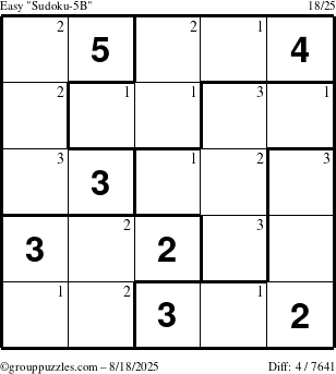 The grouppuzzles.com Easy Sudoku-5B puzzle for Monday August 18, 2025 with the first 3 steps marked