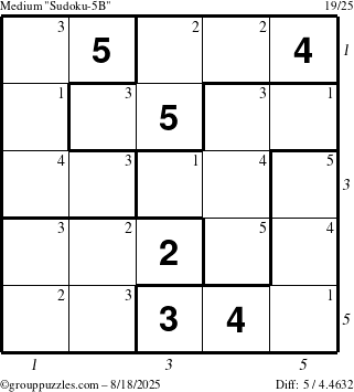 The grouppuzzles.com Medium Sudoku-5B puzzle for Monday August 18, 2025 with all 5 steps marked