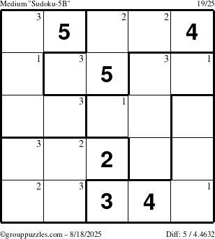 The grouppuzzles.com Medium Sudoku-5B puzzle for Monday August 18, 2025 with the first 3 steps marked