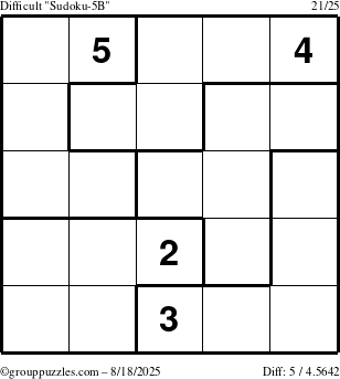 The grouppuzzles.com Difficult Sudoku-5B puzzle for Monday August 18, 2025