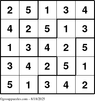 The grouppuzzles.com Answer grid for the Sudoku-5B puzzle for Monday August 18, 2025