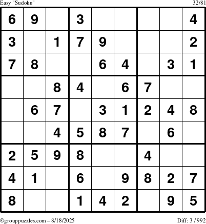 The grouppuzzles.com Easy Sudoku puzzle for Monday August 18, 2025