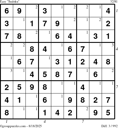 The grouppuzzles.com Easy Sudoku puzzle for Monday August 18, 2025 with all 3 steps marked