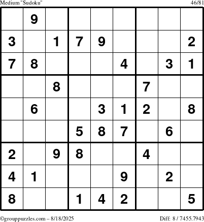 The grouppuzzles.com Medium Sudoku puzzle for Monday August 18, 2025