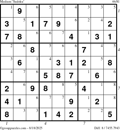 The grouppuzzles.com Medium Sudoku puzzle for Monday August 18, 2025, suitable for printing, with all 8 steps marked