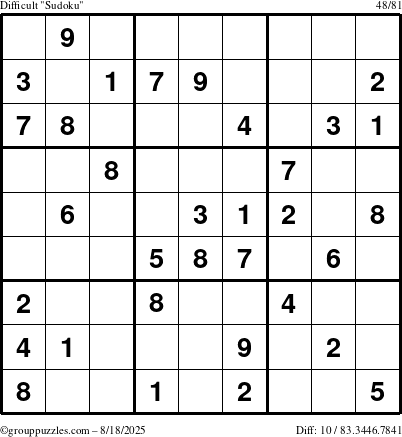 The grouppuzzles.com Difficult Sudoku puzzle for Monday August 18, 2025