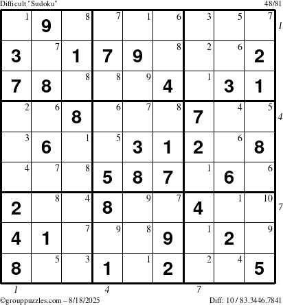 The grouppuzzles.com Difficult Sudoku puzzle for Monday August 18, 2025 with all 10 steps marked