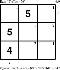 The grouppuzzles.com Easy TicTac-456 puzzle for Monday August 18, 2025 with all 2 steps marked