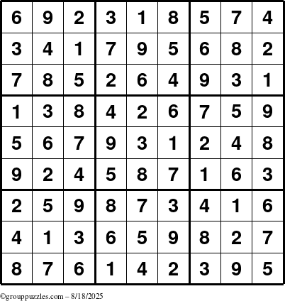 The grouppuzzles.com Answer grid for the Sudoku puzzle for Monday August 18, 2025