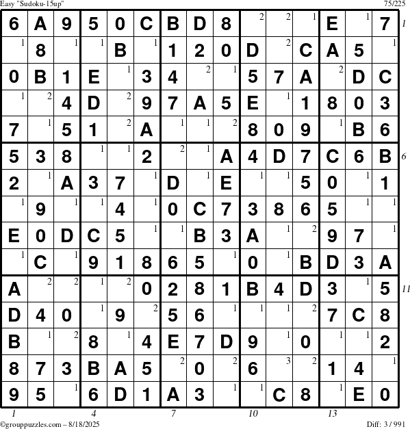The grouppuzzles.com Easy Sudoku-15up puzzle for Monday August 18, 2025 with all 3 steps marked