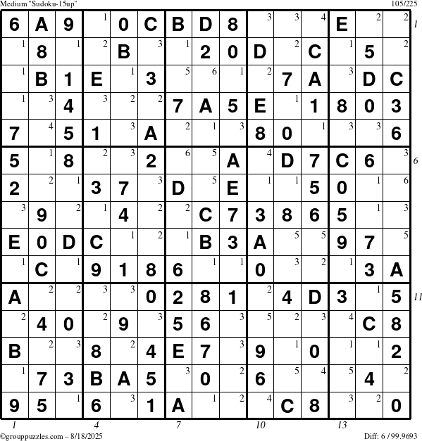 The grouppuzzles.com Medium Sudoku-15up puzzle for Monday August 18, 2025 with all 6 steps marked