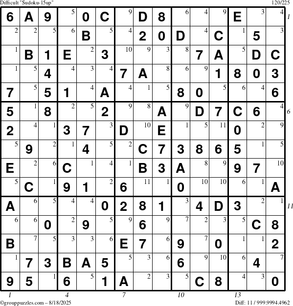The grouppuzzles.com Difficult Sudoku-15up puzzle for Monday August 18, 2025 with all 11 steps marked