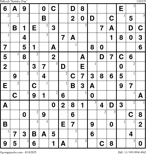 The grouppuzzles.com Difficult Sudoku-15up puzzle for Monday August 18, 2025 with the first 3 steps marked