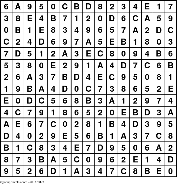 The grouppuzzles.com Answer grid for the Sudoku-15up puzzle for Monday August 18, 2025