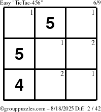 The grouppuzzles.com Easy TicTac-456 puzzle for Monday August 18, 2025 with the first 2 steps marked