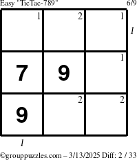 The grouppuzzles.com Easy TicTac-789 puzzle for Thursday March 13, 2025, suitable for printing, with all 2 steps marked