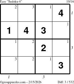 The grouppuzzles.com Easy Sudoku-4 puzzle for Sunday February 15, 2026, suitable for printing, with all 3 steps marked