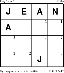The grouppuzzles.com Easy Jean puzzle for Sunday February 15, 2026 with the first 3 steps marked