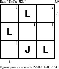 The grouppuzzles.com Easy TicTac-JKL puzzle for Sunday February 15, 2026 with all 2 steps marked