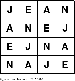 The grouppuzzles.com Answer grid for the Jean puzzle for Sunday February 15, 2026