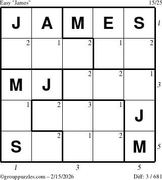 The grouppuzzles.com Easy James puzzle for Sunday February 15, 2026 with all 3 steps marked