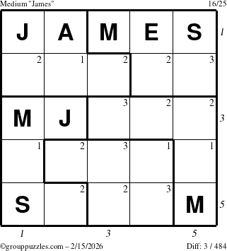The grouppuzzles.com Medium James puzzle for Sunday February 15, 2026 with all 3 steps marked