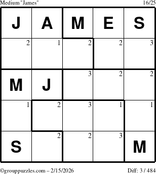 The grouppuzzles.com Medium James puzzle for Sunday February 15, 2026 with the first 3 steps marked