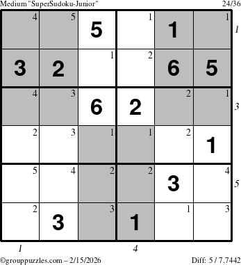 The grouppuzzles.com Medium SuperSudoku-Junior puzzle for Sunday February 15, 2026 with all 5 steps marked