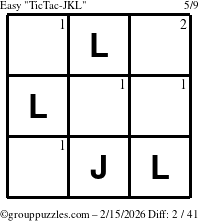 The grouppuzzles.com Easy TicTac-JKL puzzle for Sunday February 15, 2026 with the first 2 steps marked