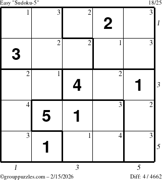 The grouppuzzles.com Easy Sudoku-5 puzzle for Sunday February 15, 2026 with all 4 steps marked