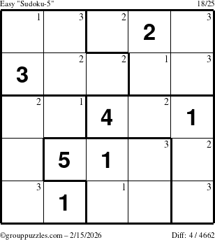 The grouppuzzles.com Easy Sudoku-5 puzzle for Sunday February 15, 2026 with the first 3 steps marked