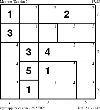 The grouppuzzles.com Medium Sudoku-5 puzzle for Sunday February 15, 2026, suitable for printing, with all 5 steps marked