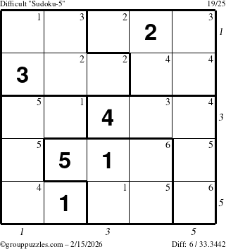 The grouppuzzles.com Difficult Sudoku-5 puzzle for Sunday February 15, 2026 with all 6 steps marked