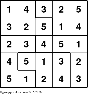 The grouppuzzles.com Answer grid for the Sudoku-5 puzzle for Sunday February 15, 2026