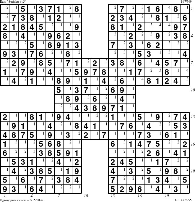 The grouppuzzles.com Easy Sudoku-by5 puzzle for Sunday February 15, 2026, suitable for printing, with all 4 steps marked