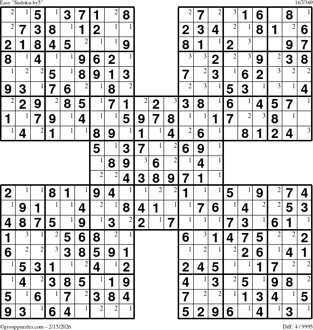 The grouppuzzles.com Easy Sudoku-by5 puzzle for Sunday February 15, 2026 with the first 3 steps marked