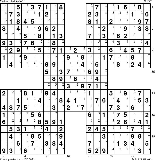 The grouppuzzles.com Medium Sudoku-by5 puzzle for Sunday February 15, 2026 with all 8 steps marked