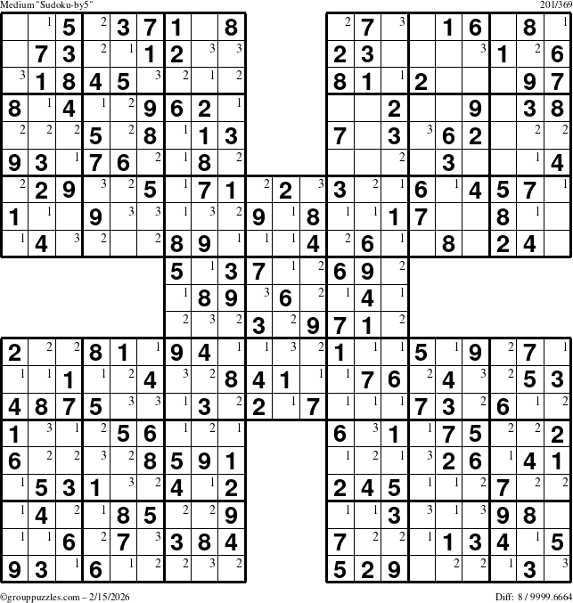The grouppuzzles.com Medium Sudoku-by5 puzzle for Sunday February 15, 2026 with the first 3 steps marked