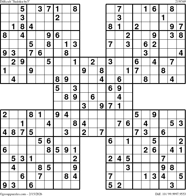 The grouppuzzles.com Difficult Sudoku-by5 puzzle for Sunday February 15, 2026