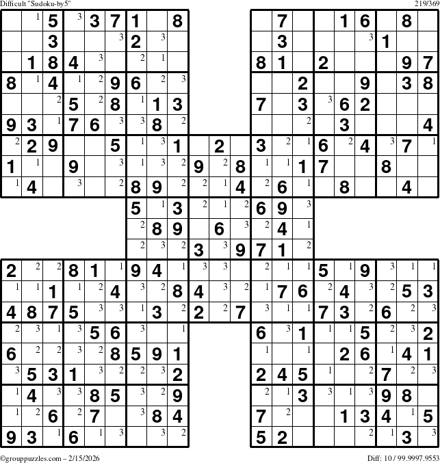 The grouppuzzles.com Difficult Sudoku-by5 puzzle for Sunday February 15, 2026 with the first 3 steps marked