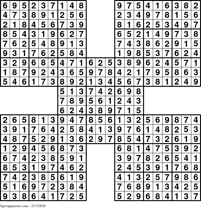 The grouppuzzles.com Answer grid for the Sudoku-by5 puzzle for Sunday February 15, 2026